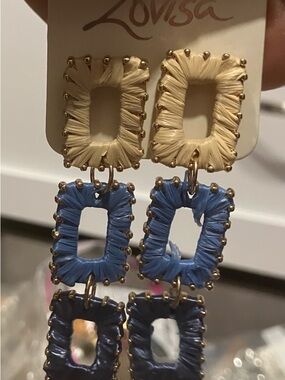 Lovisa Cream & Blue Triple Drop Raffia Rectangle Earrings